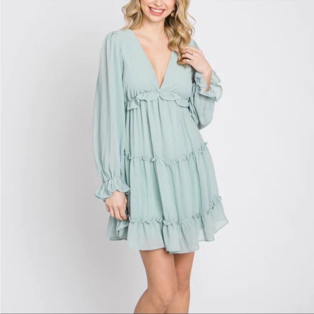 NWT She + Sky Mint Green Chiffon Ruffle Tiered Open Back Maternity Dress